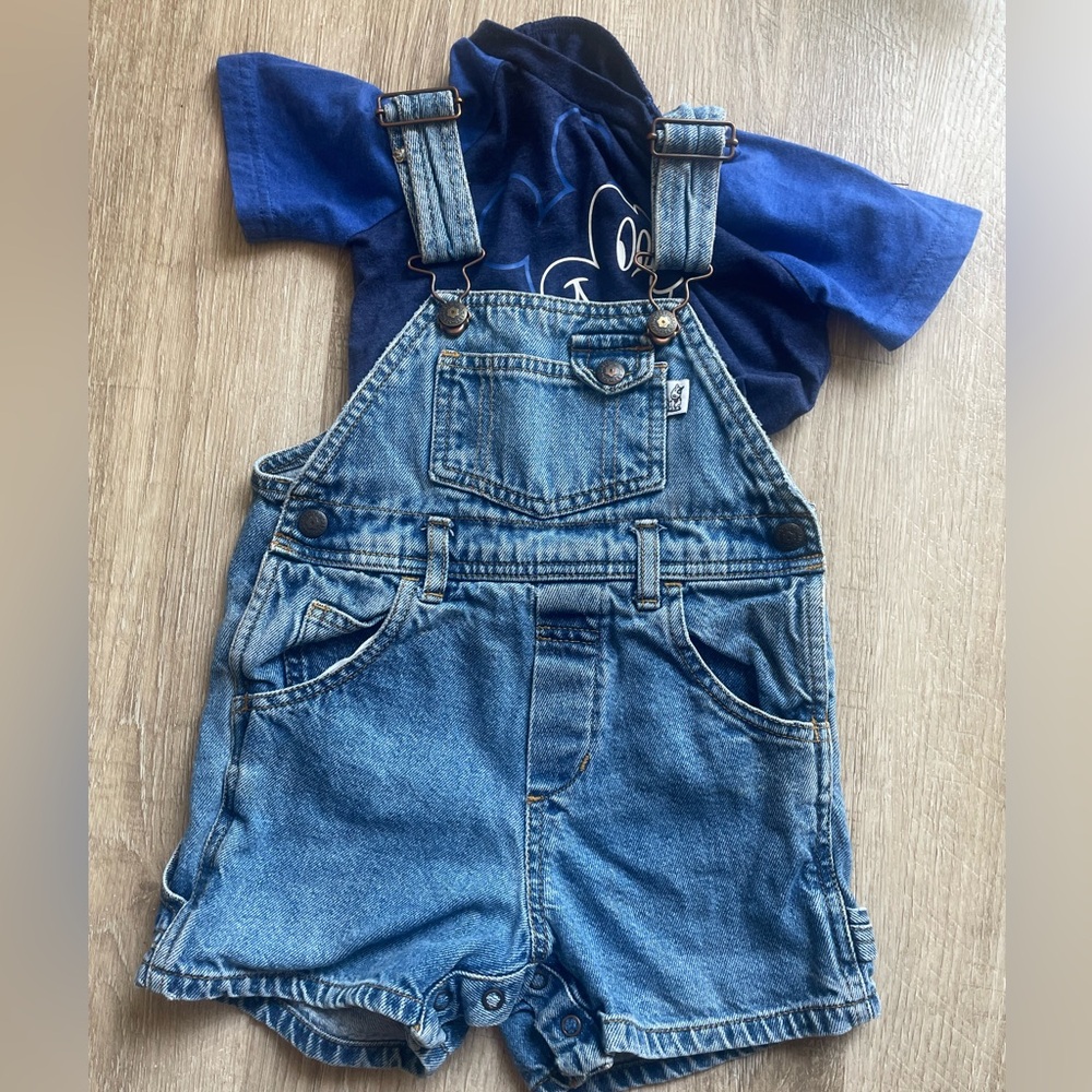 VTG Sprockets Kids Denim Shortalls in Blue with Blue Disney Mickey Mouse Tee